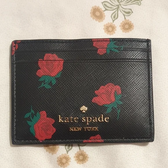 Kate Spade Black Card Holder with Red Floral Design - Picture 1 of 3